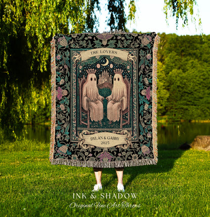 The Lovers Personalized Ghost Couple Blanket Gothic Romance Keepsake | Celestial Tarot Inspired Wedding Gift Whimsigoth Woven Tapestry Throw