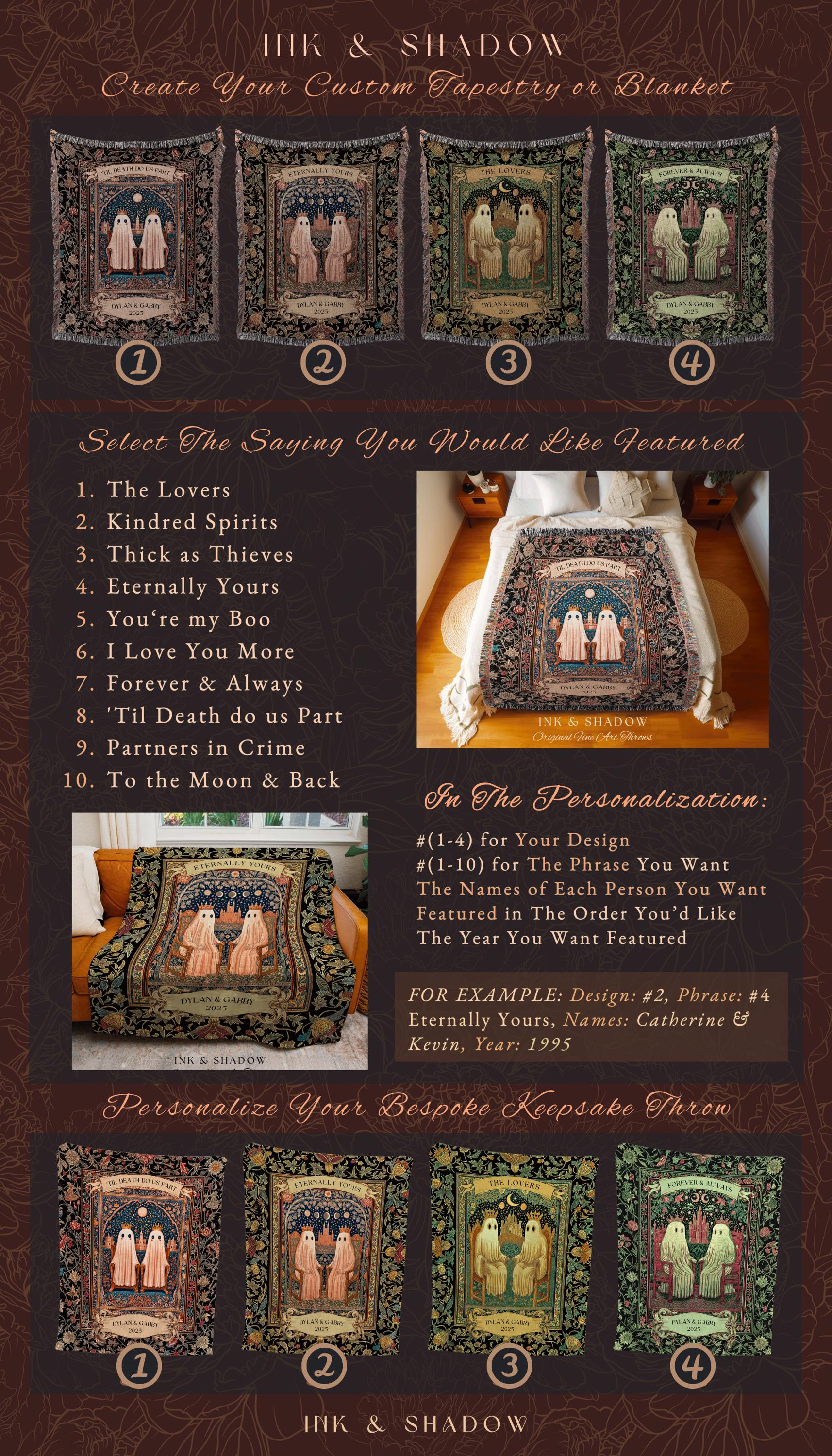 Gothic Ghost Lovers Custom Blanket | ’Til Death Do Us Part Personalized Wedding Throw Woven Ghost Gift for Partner Spooky Anniversary Decor