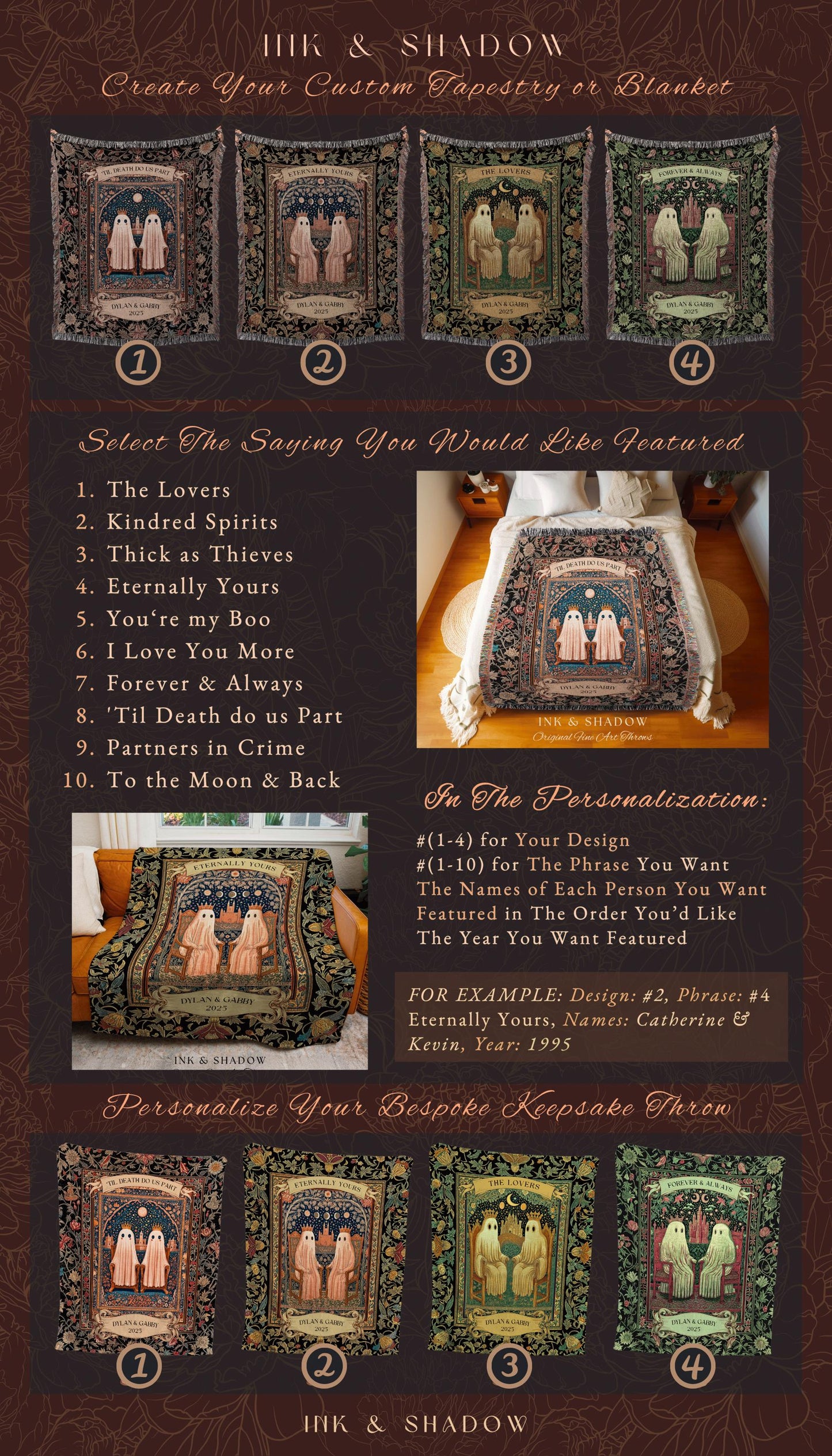 Tarot Ghost Couple ‘The Lovers’ Blanket | Personalized Gothic Woven Throw Floral Ghost Gift for Boyfriend Custom Names Anniversary Blanket |