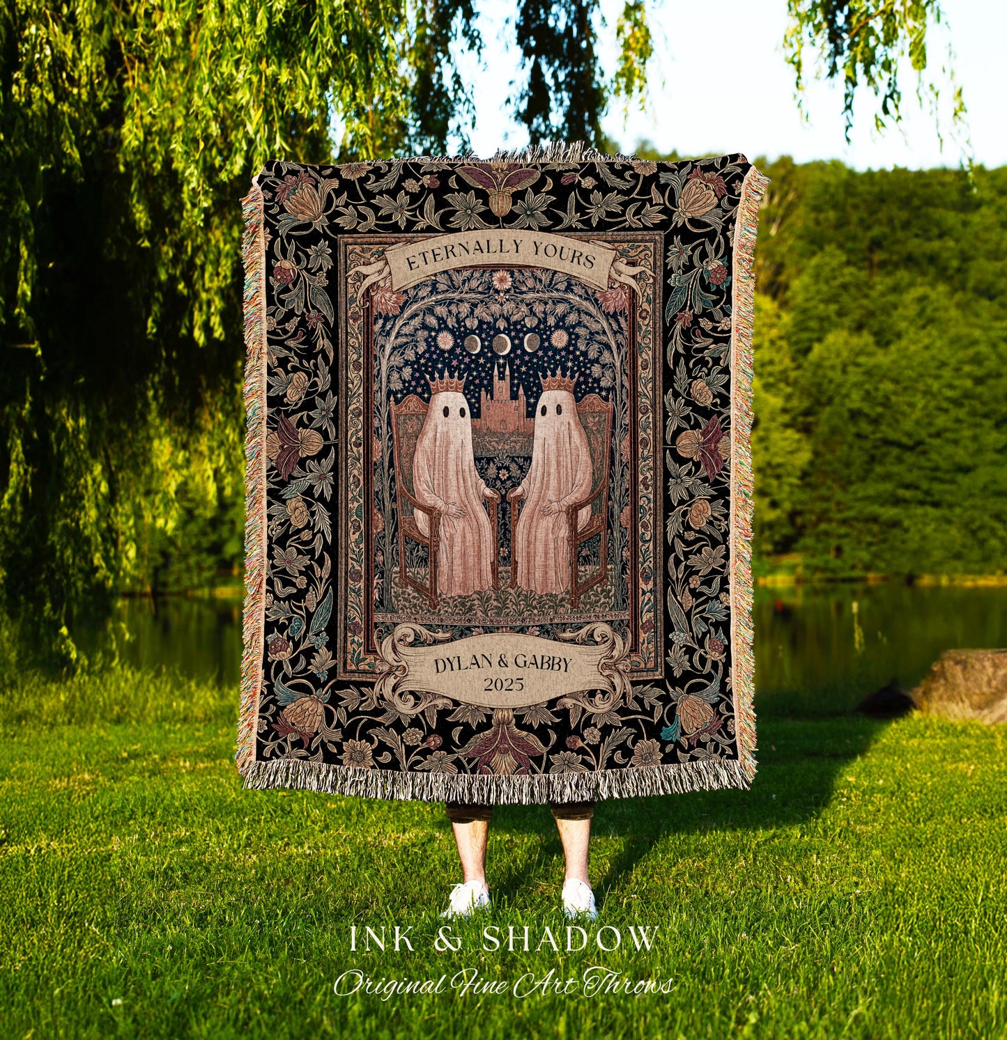 Eternally Yours Celestial Ghost Blanket | Personalized Wedding Throw Cute Gothic Couple Gift Custom Name Anniversary Tapestry Royal Castle |