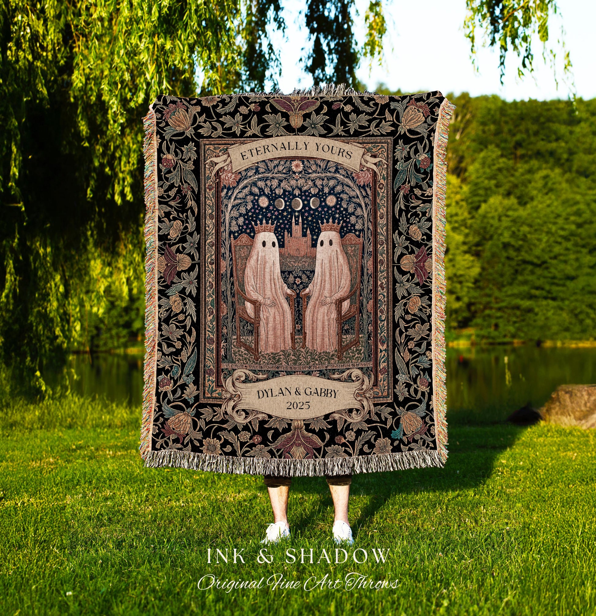 Eternally Yours Celestial Ghost Blanket | Personalized Wedding Throw Cute Gothic Couple Gift Custom Name Anniversary Tapestry Royal Castle |