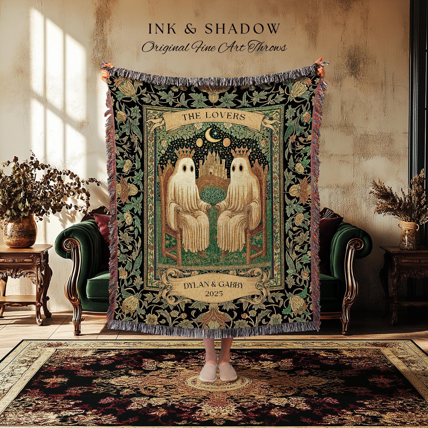 Tarot Ghost Couple ‘The Lovers’ Blanket | Personalized Gothic Woven Throw Floral Ghost Gift for Boyfriend Custom Names Anniversary Blanket |