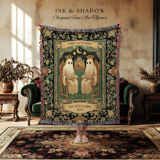Tarot Ghost Couple ‘The Lovers’ Blanket | Personalized Gothic Woven Throw Floral Ghost Gift for Boyfriend Custom Names Anniversary Blanket |