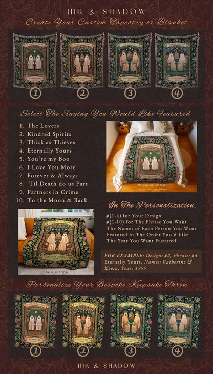 King & Queen Ghost Lovers Custom Blanket | Whimsical Unique Personalized Tapestry Throw Woven Gift for Anniversary Couple Meaningful Present