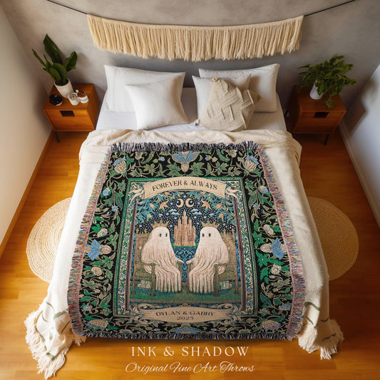 Cute Ghost Couple Personalized Blanket | Forever & Always Custom Woven Throw Whimsigoth Gift Romantic Anniversary Tapestry Sentimental Cozy