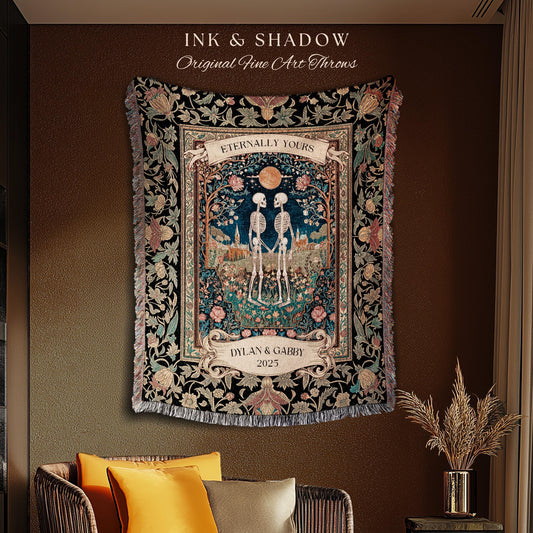 Cute Romantic Skeletons Custom Tapestry | Autumnal Wedding Florals Dark Academia Fairytale Magic Baroque Personalized Cottagecore Lovers