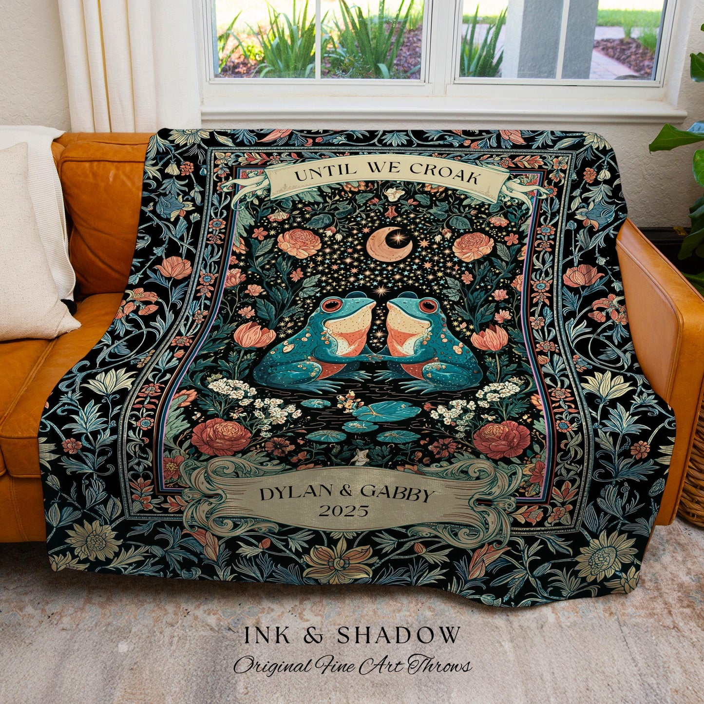 Colorful Frog Couple Custom Cozy Throw | Whimsical Anniversary Gift Woodland Fantasy Cottagecore Wedding Fairycore Cute Aesthetic Enchanted