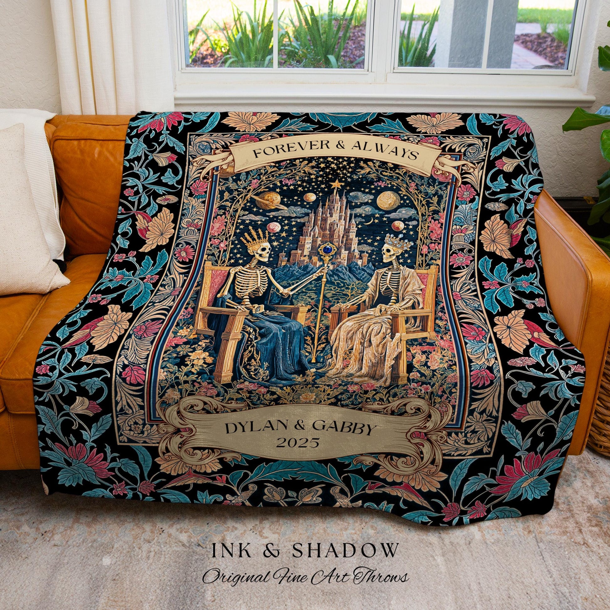 Celestial Couple Custom Skeleton Baroque Throw | Goth Regal Romance Castle King & Queen Whimsical Lovers Blanket Magic Mystical Personalized