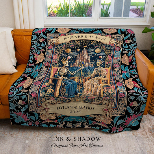 Celestial Couple Custom Skeleton Baroque Throw | Goth Regal Romance Castle King & Queen Whimsical Lovers Blanket Magic Mystical Personalized