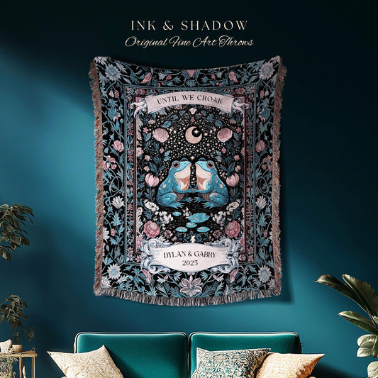 Bohemian Frog Lovers Custom Tapestry | Enchanted Woodland Forest Folklore Wedding Mystical Fairycore Until We Croak Personalized Couple Gift