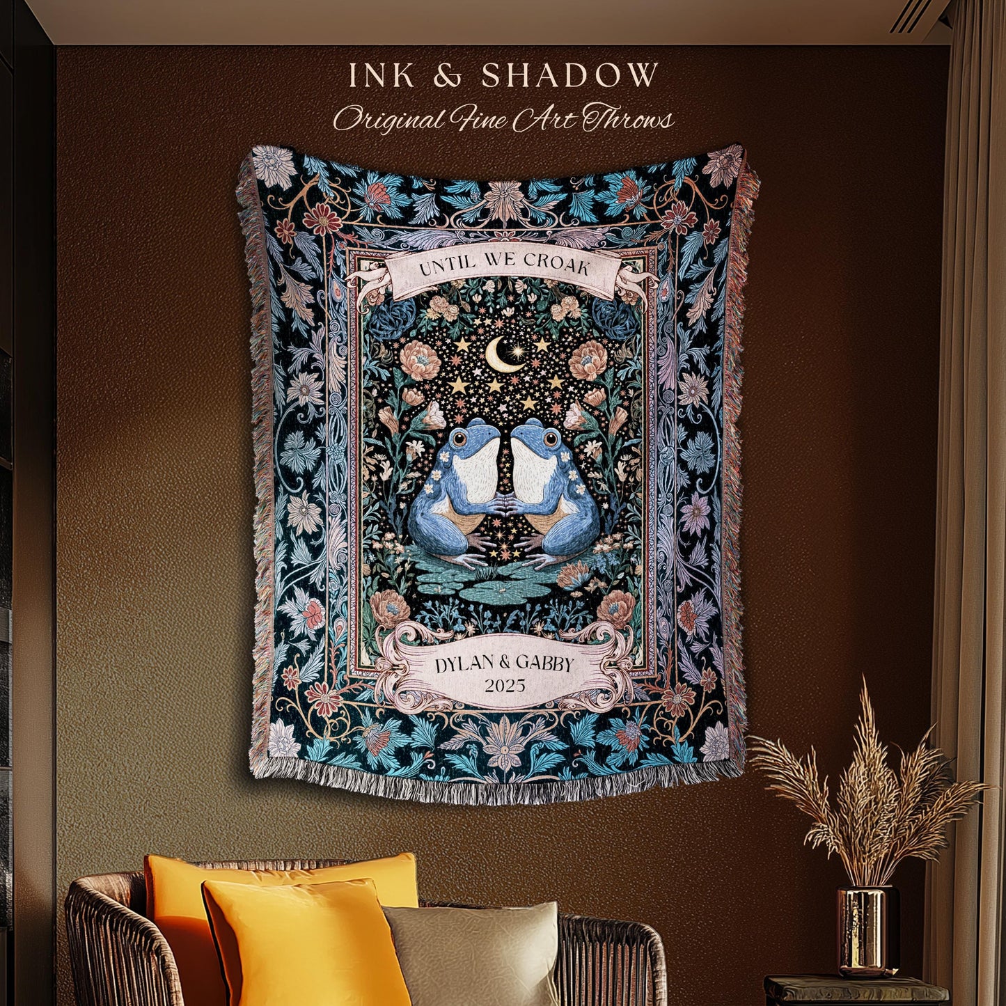 Dark Botanical Personalized Lovers Tapestry | Celestial Gift Frog Lovers Woven Throw Blanket Aesthetic Until we Croak Custom Cottagecore |