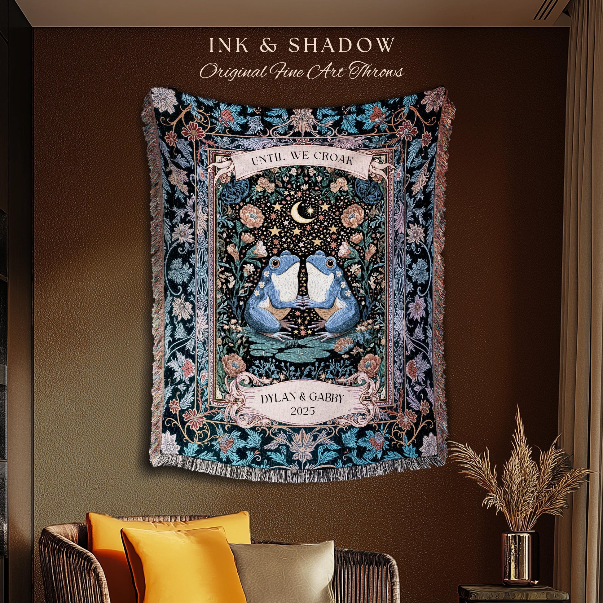 Dark Botanical Personalized Lovers Tapestry | Celestial Gift Frog Lovers Woven Throw Blanket Aesthetic Until we Croak Custom Cottagecore |