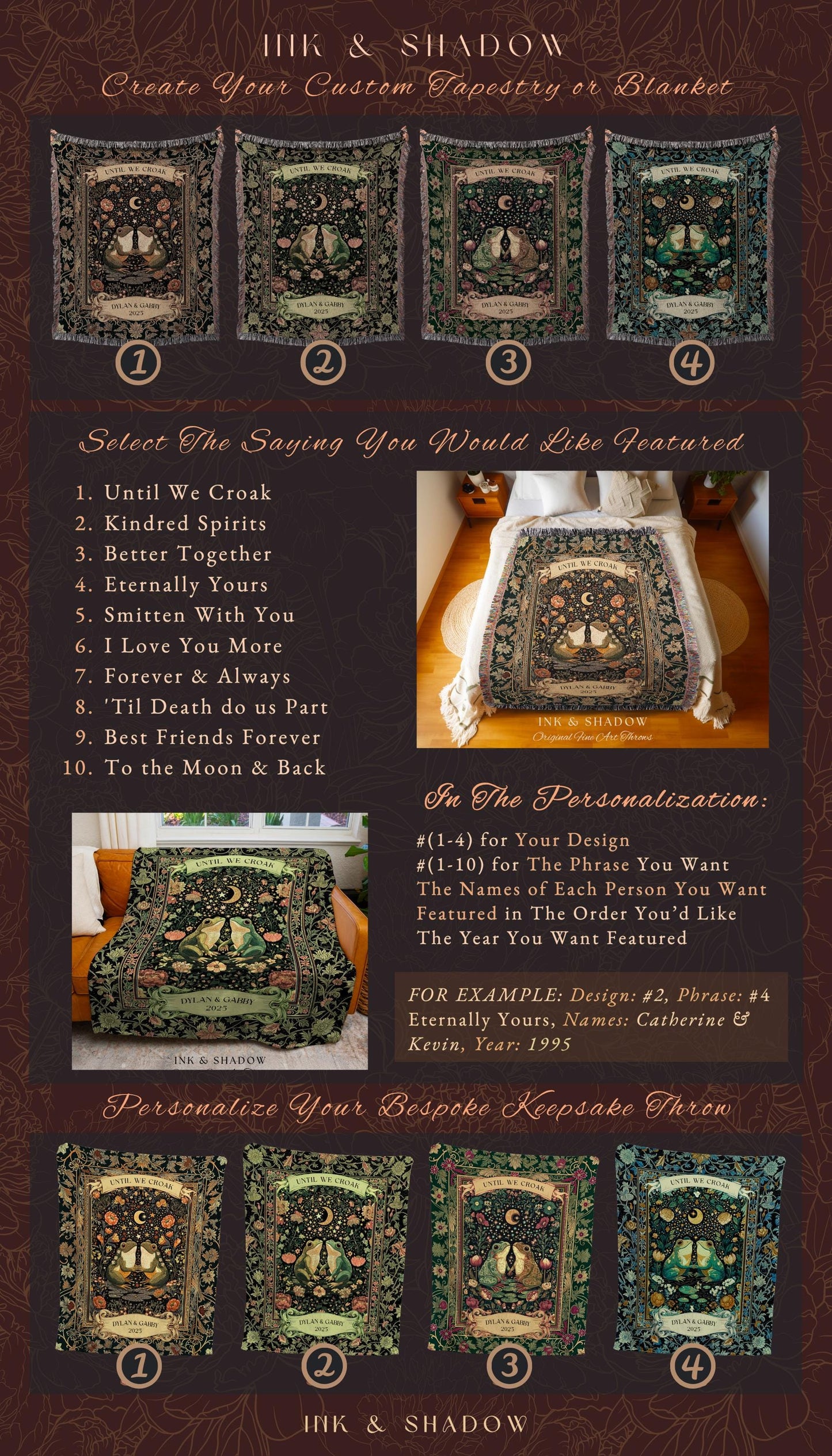 Whimsical Floral Custom Frog Couple Throw | Fairycore Aesthetic Cottagecore Personalized Frog Lovers Gift Until we Croak Botanical Aesthetic