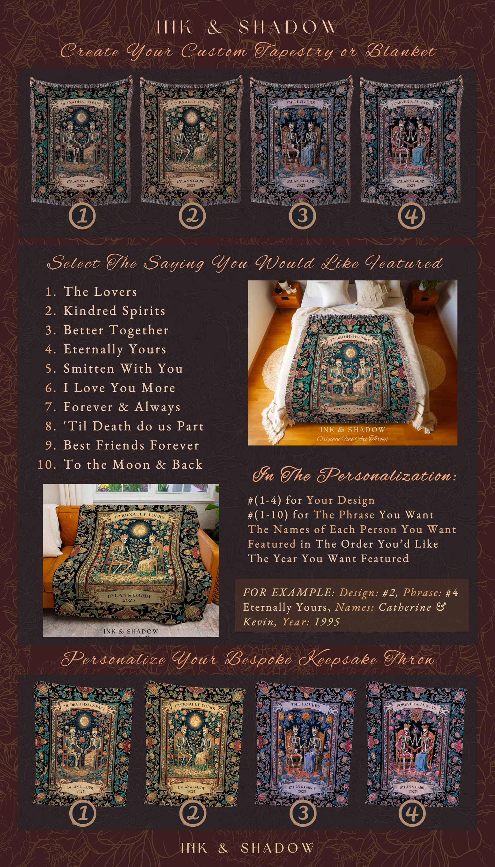 Mystic Lovers Skeleton Custom Throw | Baroque Anniversary Couple Gothic Magic Celestial Aesthetic Sunlit Throne Mystical Floral Blanket |