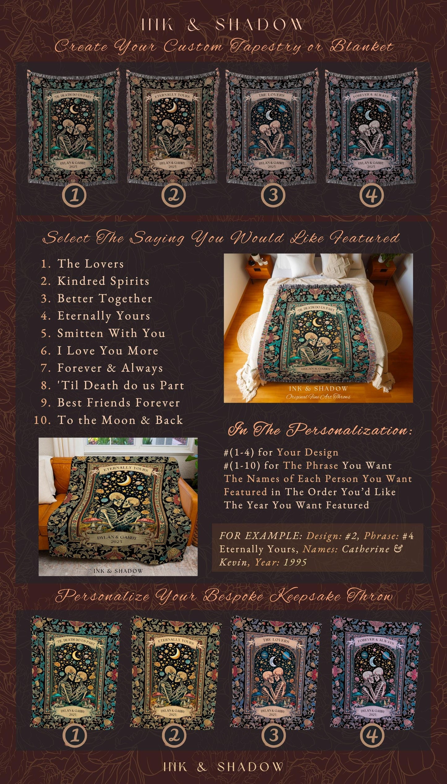 Cosmic Skeleton Lovers Custom Blanket | Gothic Elegance Celestial Anniversary Romance Dark Academia Celestial Personalized Couple Ethereal |