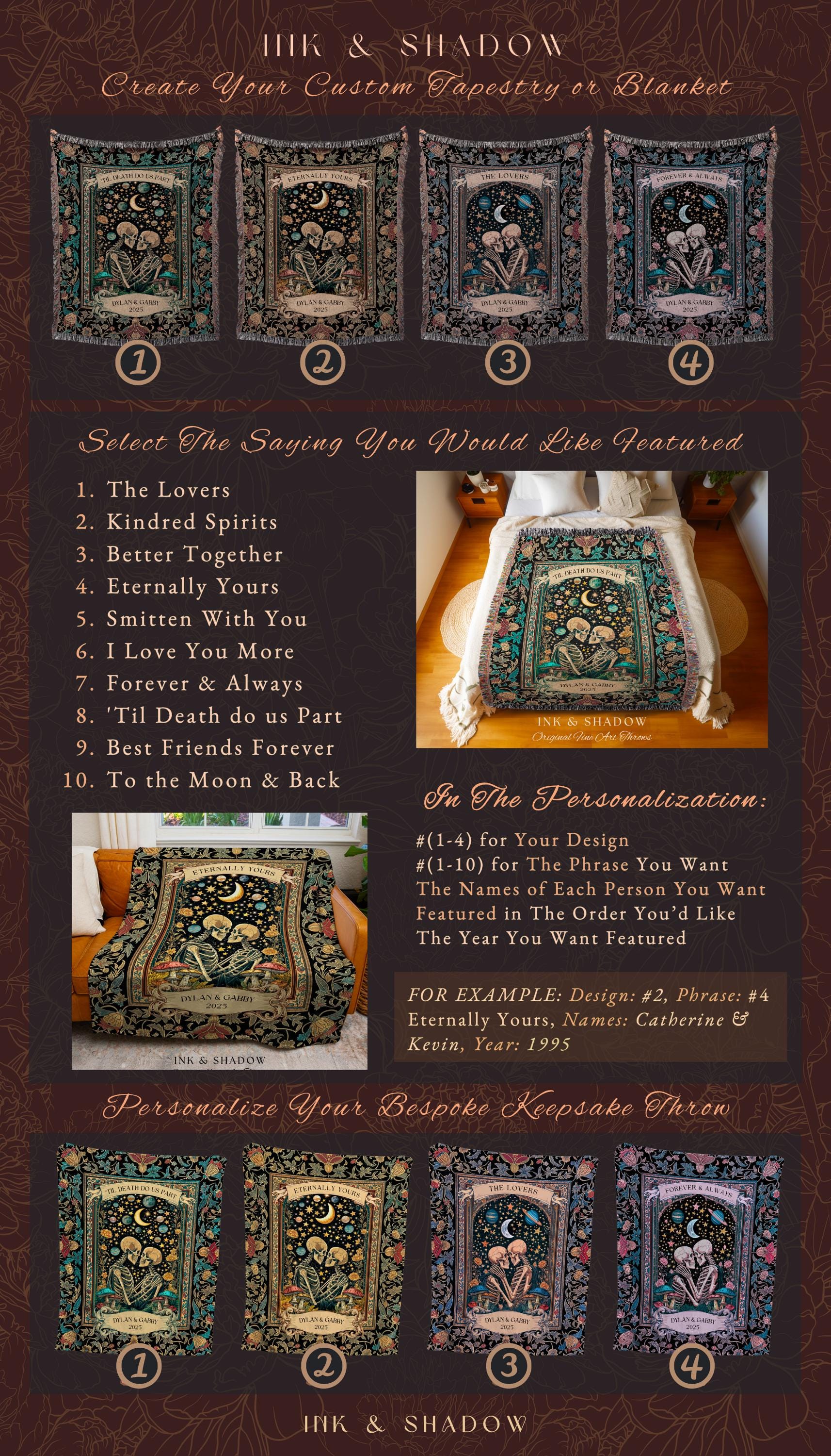 Cosmic Skeleton Lovers Custom Blanket | Gothic Elegance Celestial Anniversary Romance Dark Academia Celestial Personalized Couple Ethereal |
