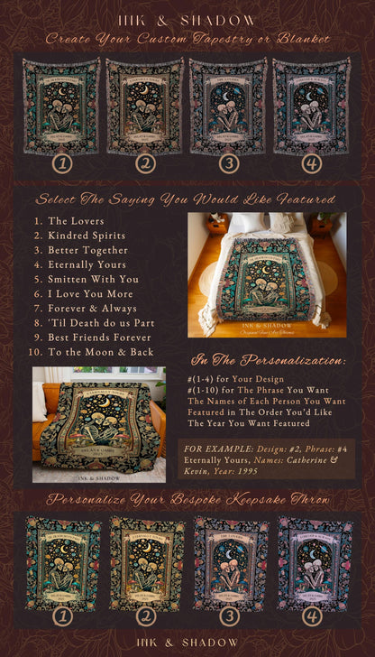 Cosmic Skeleton Lovers Custom Blanket | Gothic Elegance Celestial Anniversary Romance Dark Academia Celestial Personalized Couple Ethereal |