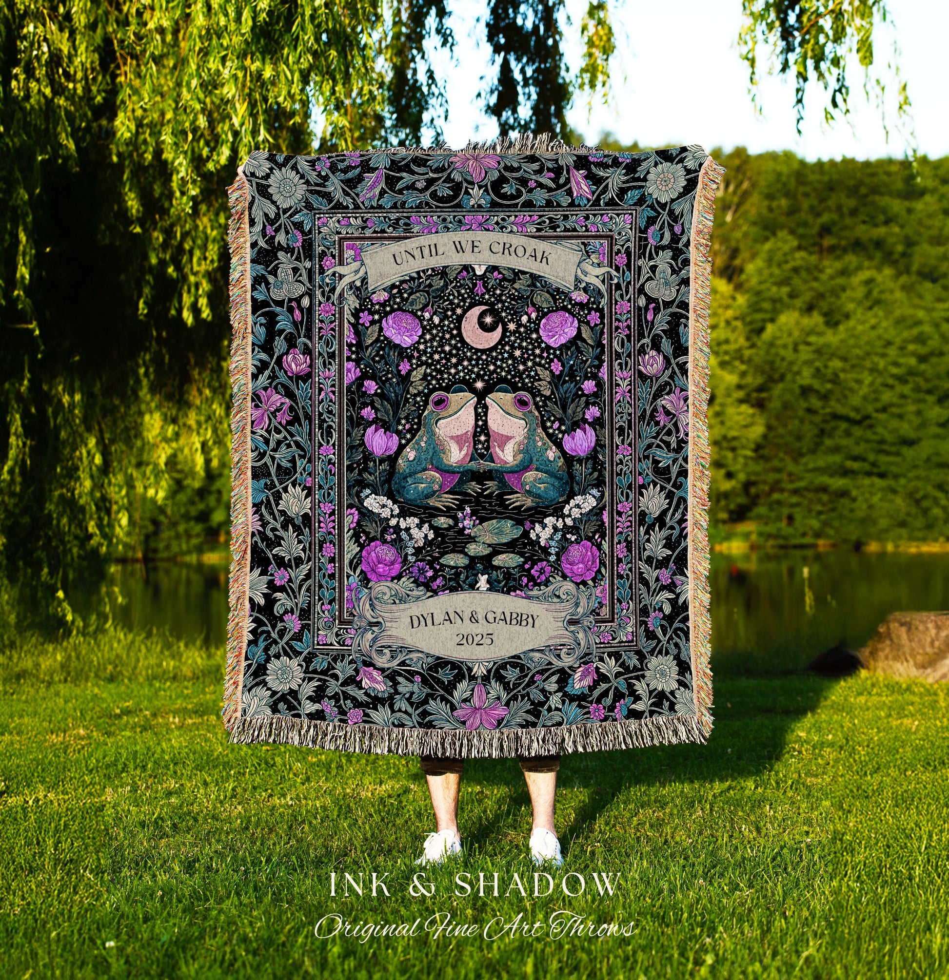 Cute Boho Personalized Frog Couple Blanket | Whimsical Sentimental Gift Custom Tapestry Forestcore Wedding Cottagecore Until we Croak Toad |