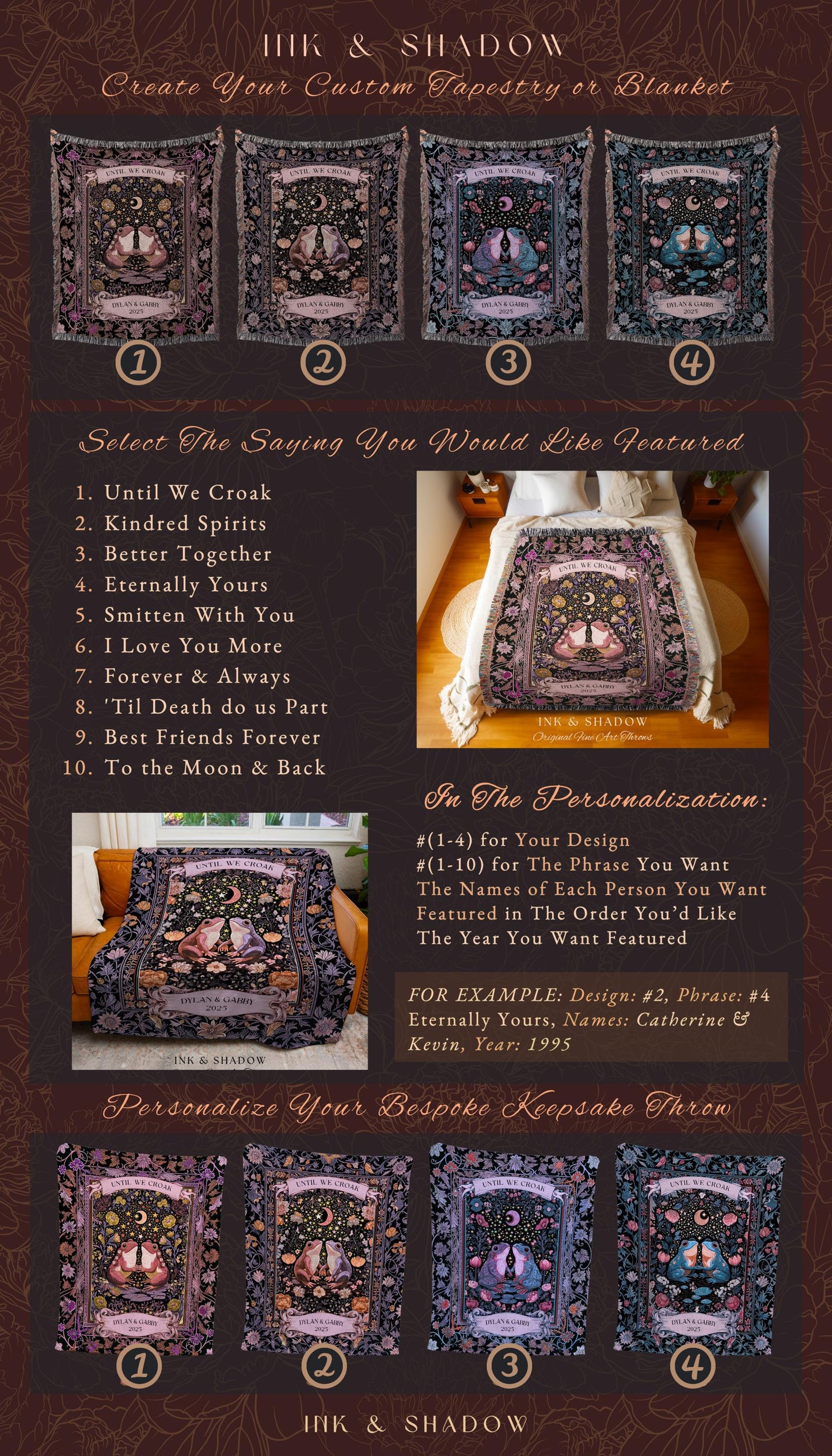 Bohemian Frog Lovers Custom Tapestry | Enchanted Woodland Forest Folklore Wedding Mystical Fairycore Until We Croak Personalized Couple Gift