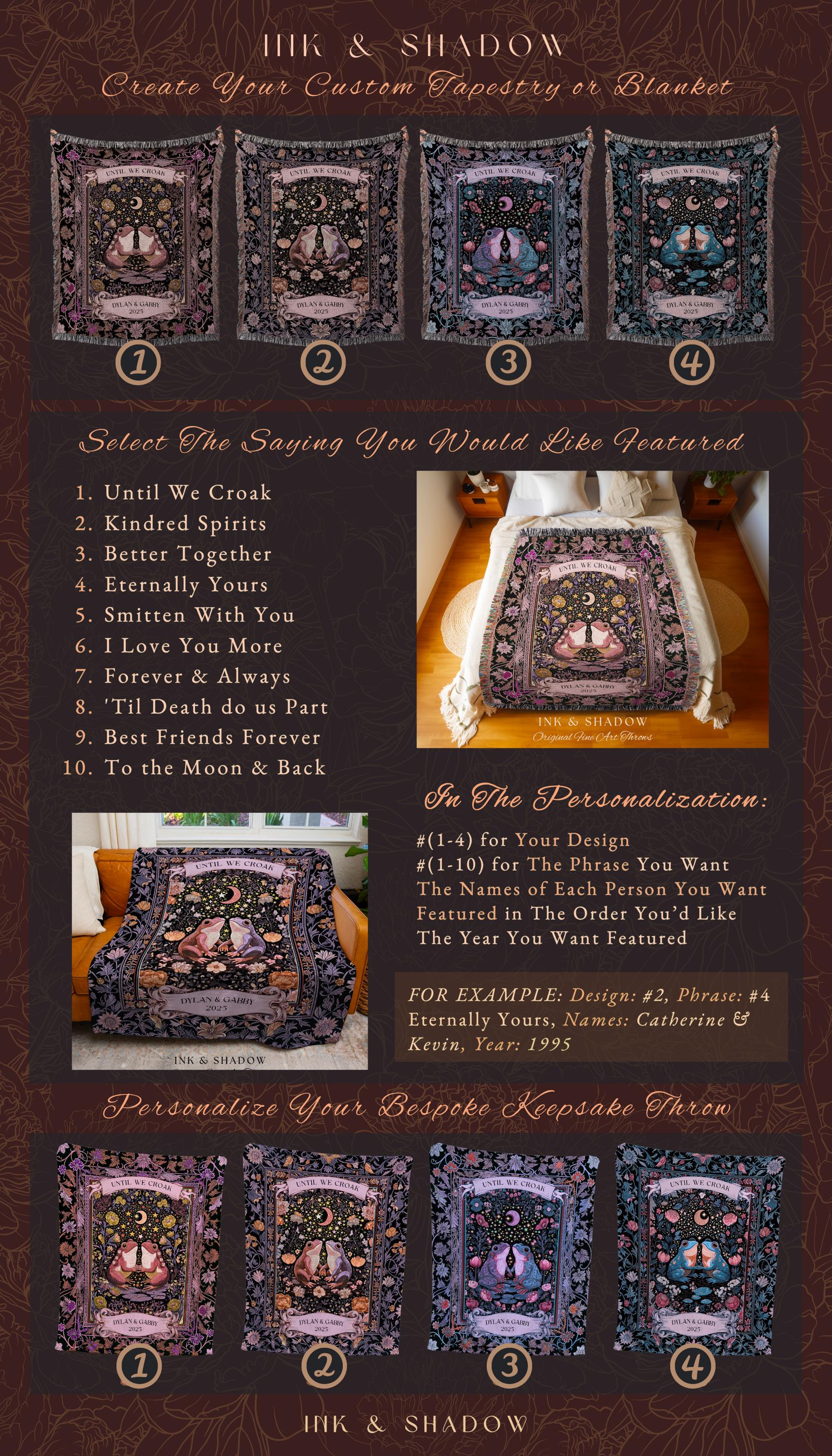 Bohemian Frog Lovers Custom Tapestry | Enchanted Woodland Forest Folklore Wedding Mystical Fairycore Until We Croak Personalized Couple Gift