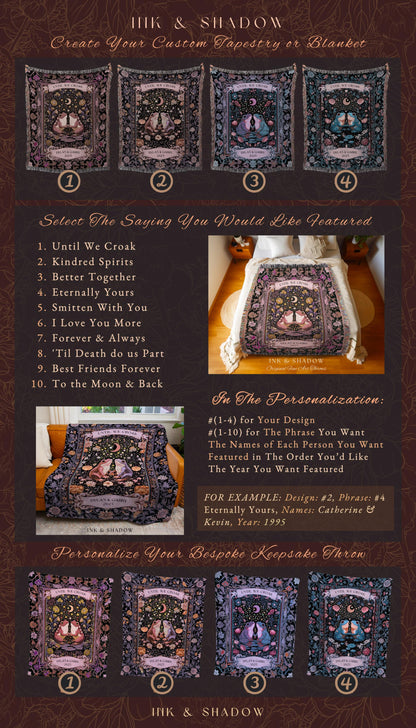 Bohemian Frog Lovers Custom Tapestry | Enchanted Woodland Forest Folklore Wedding Mystical Fairycore Until We Croak Personalized Couple Gift