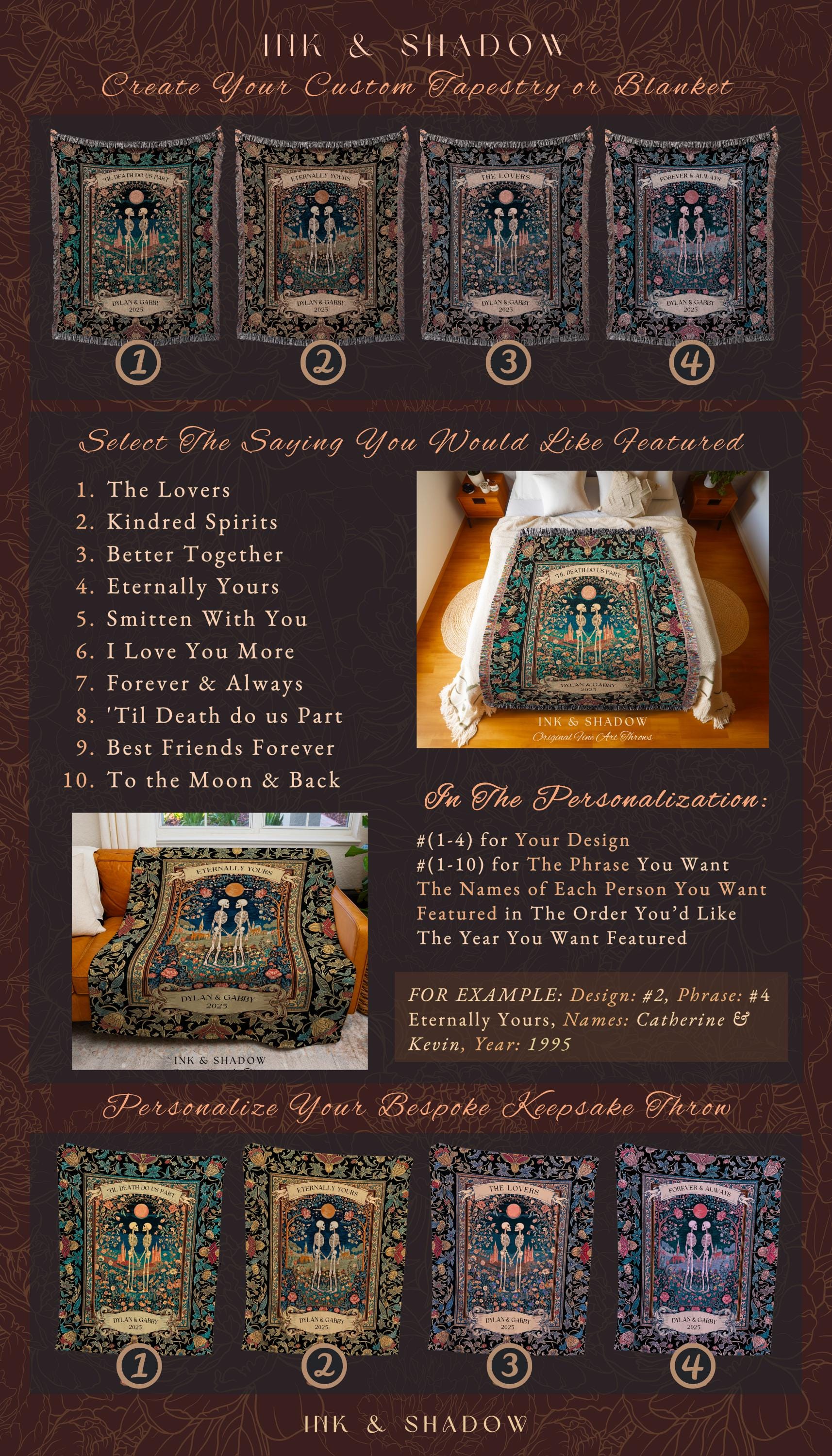 Cute Romantic Skeletons Custom Tapestry | Autumnal Wedding Florals Dark Academia Fairytale Magic Baroque Personalized Cottagecore Lovers