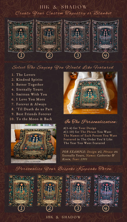Cute Romantic Skeletons Custom Tapestry | Autumnal Wedding Florals Dark Academia Fairytale Magic Baroque Personalized Cottagecore Lovers