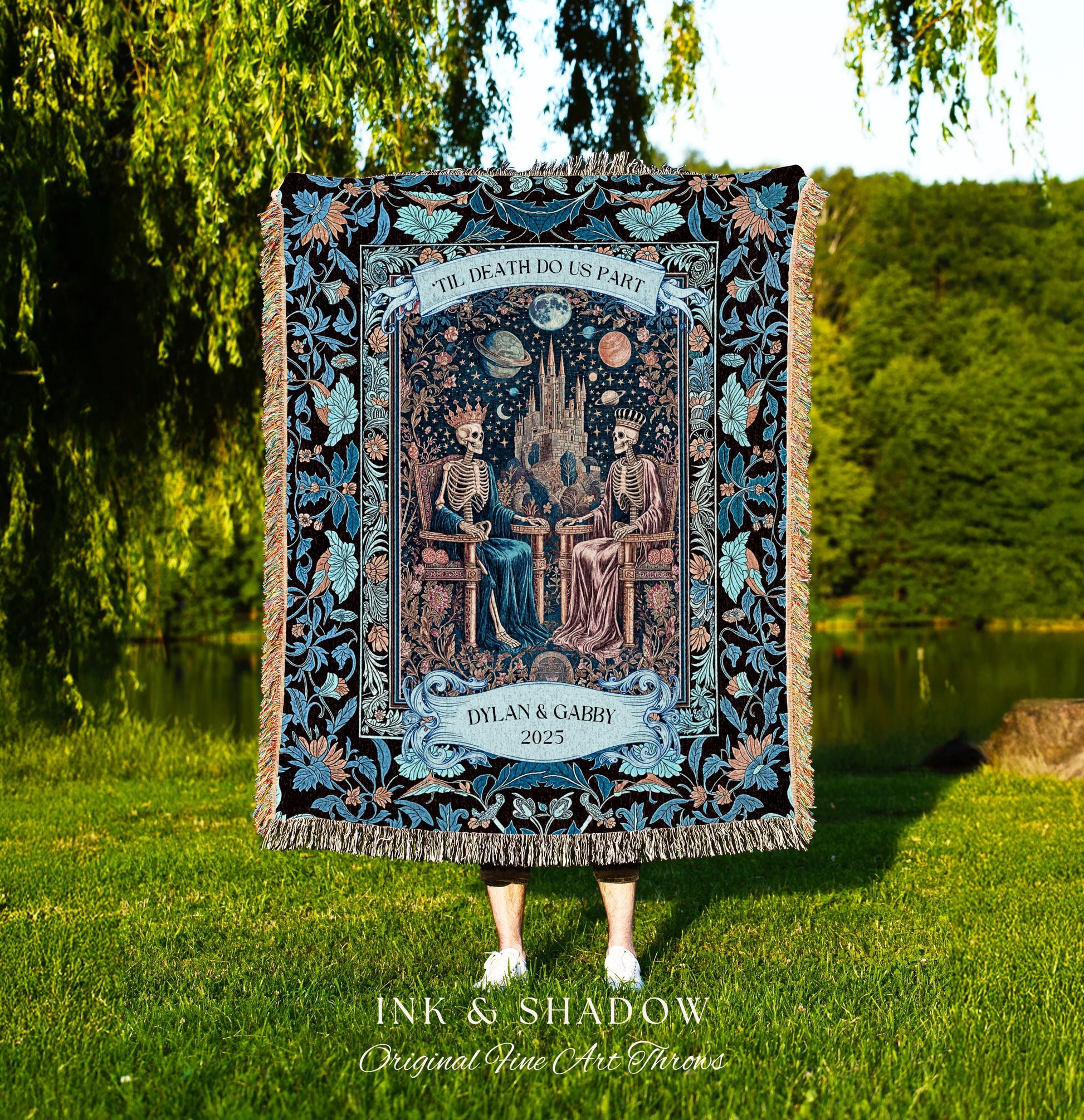 Custom His & Her Skeleton Lovers Blanket | Gothic Aesthetic Royal Romance Baroque Fantasy Cosmic Pastel Whimsical Couple Personalized Throw