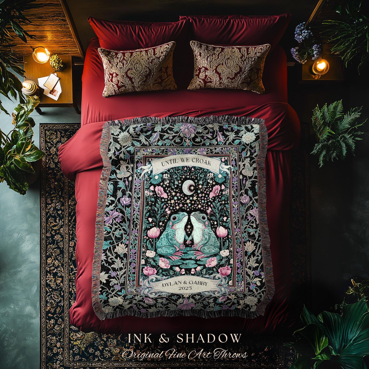Eclectic Floral Custom Frog Couple Throw | Forestcore Aesthetic Until we Croak Cute Cottagecore Woven Tapestry Whimsy Mystical Fairycore |