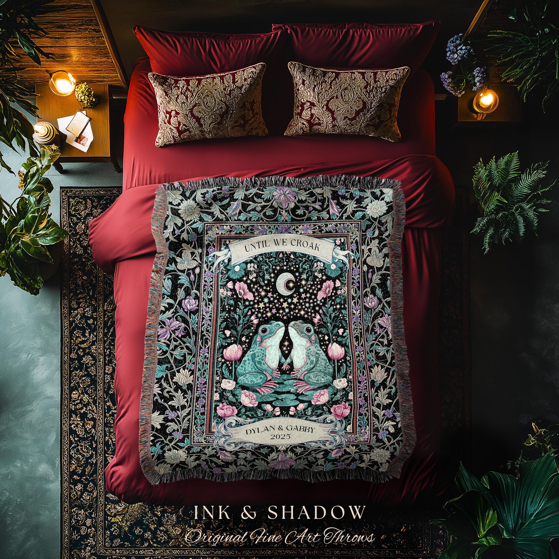 Eclectic Floral Custom Frog Couple Throw | Forestcore Aesthetic Until we Croak Cute Cottagecore Woven Tapestry Whimsy Mystical Fairycore |