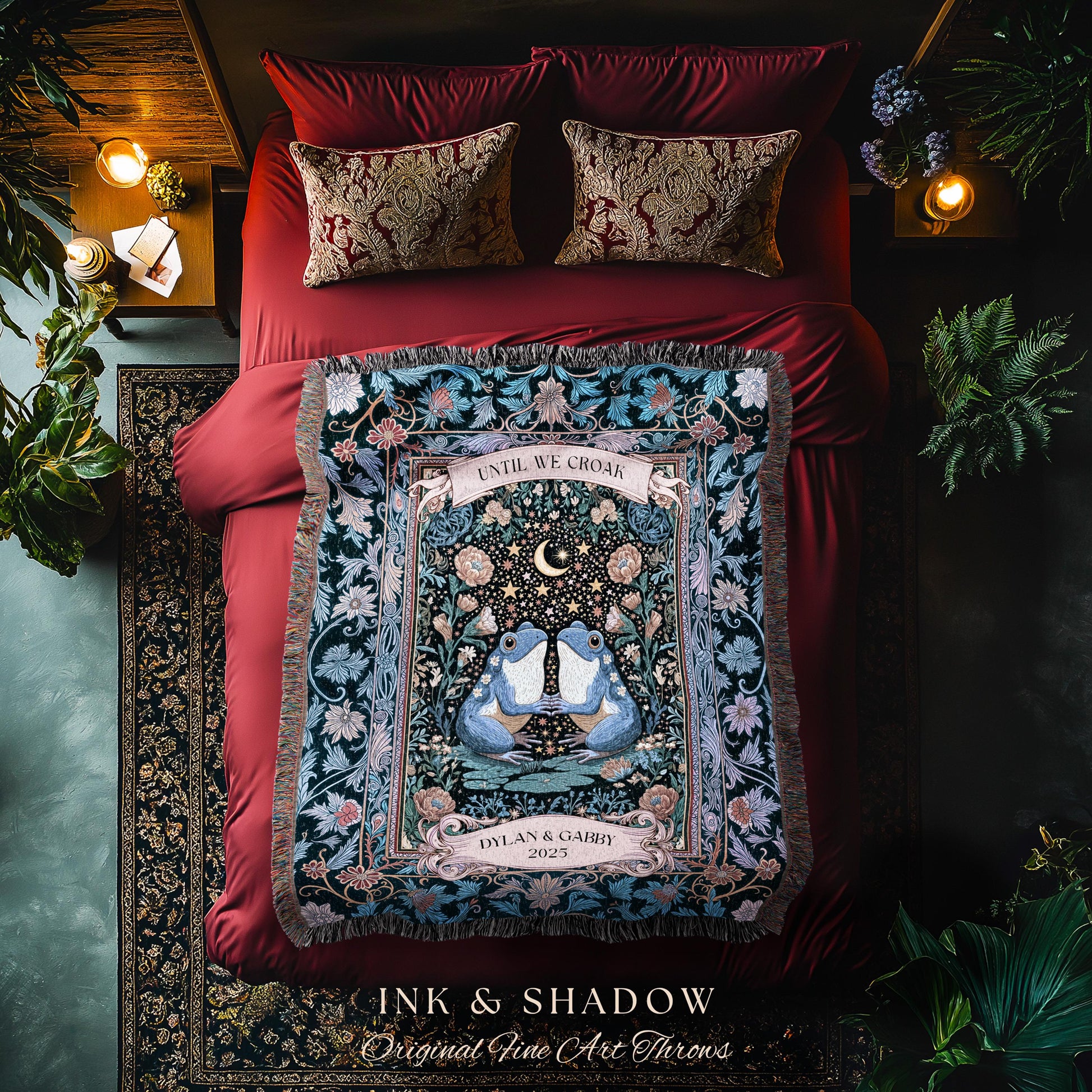 Dark Botanical Personalized Lovers Tapestry | Celestial Gift Frog Lovers Woven Throw Blanket Aesthetic Until we Croak Custom Cottagecore |