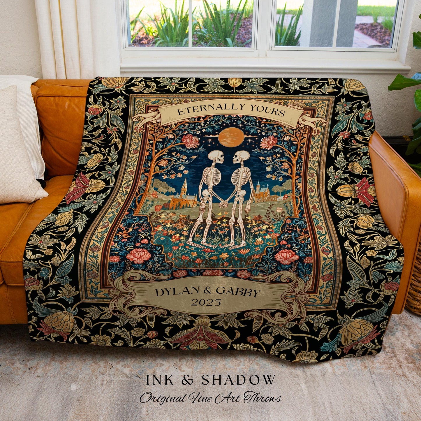 Cute Romantic Skeletons Custom Tapestry | Autumnal Wedding Florals Dark Academia Fairytale Magic Baroque Personalized Cottagecore Lovers