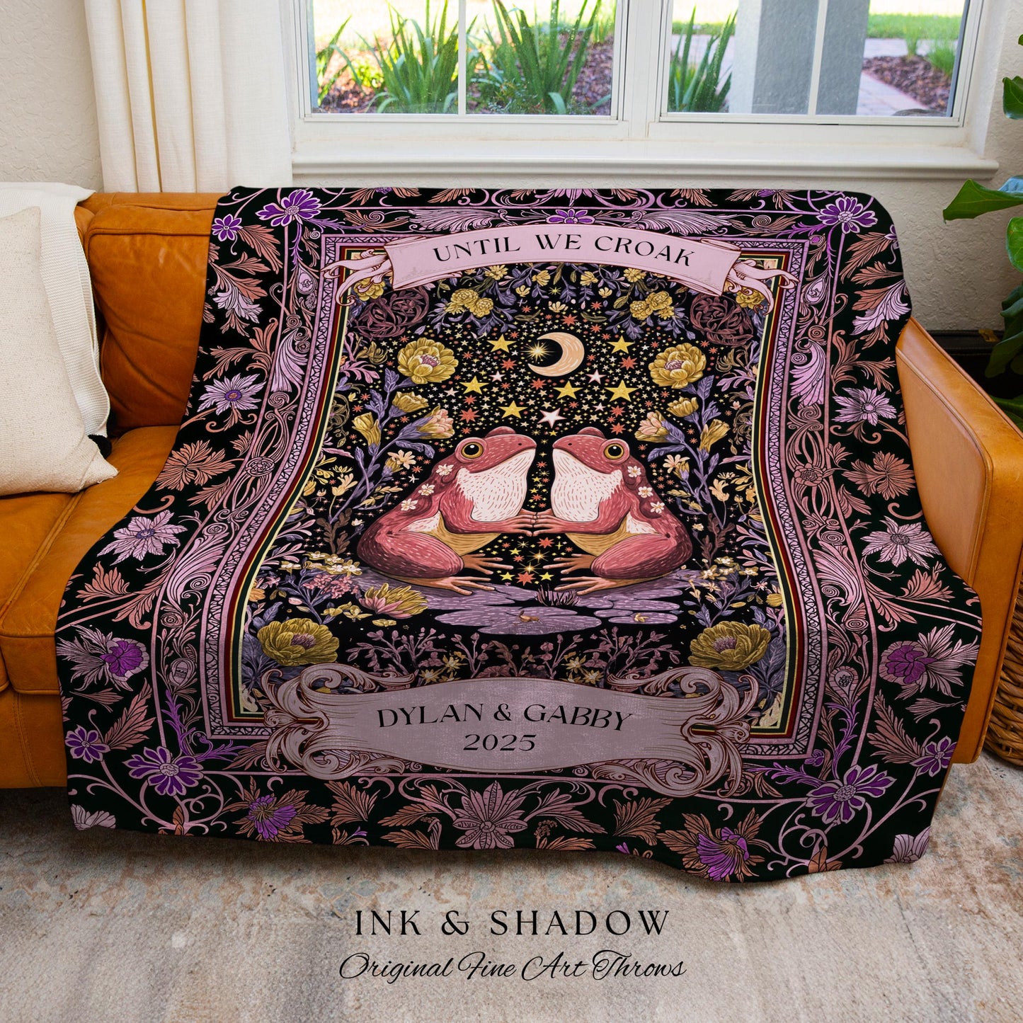 Pastel Goblincore Custom Frog Couple Tapestry | Cottagecore Lovers Whimsigothic Enchanted Personalized Fairycore Girlfriend Gift Botanical