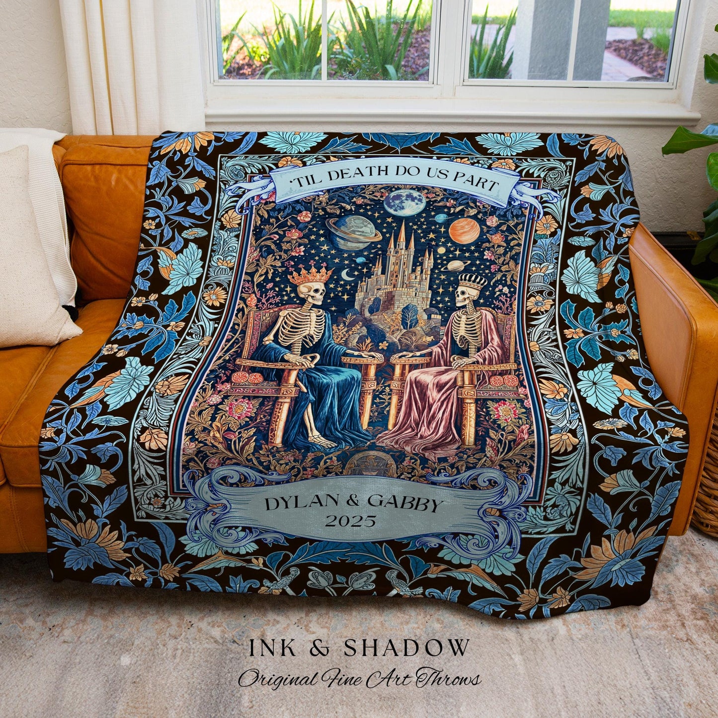 Custom His & Her Skeleton Lovers Blanket | Gothic Aesthetic Royal Romance Baroque Fantasy Cosmic Pastel Whimsical Couple Personalized Throw