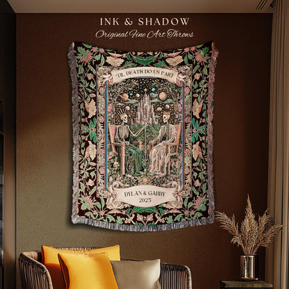 Personalized Pastel Witchy Skeleton Couple Throw | Dark Academia Whimsical Fantasy Occult Spooky Gothic Couple Blanket Wiccan Dark Aesthetic