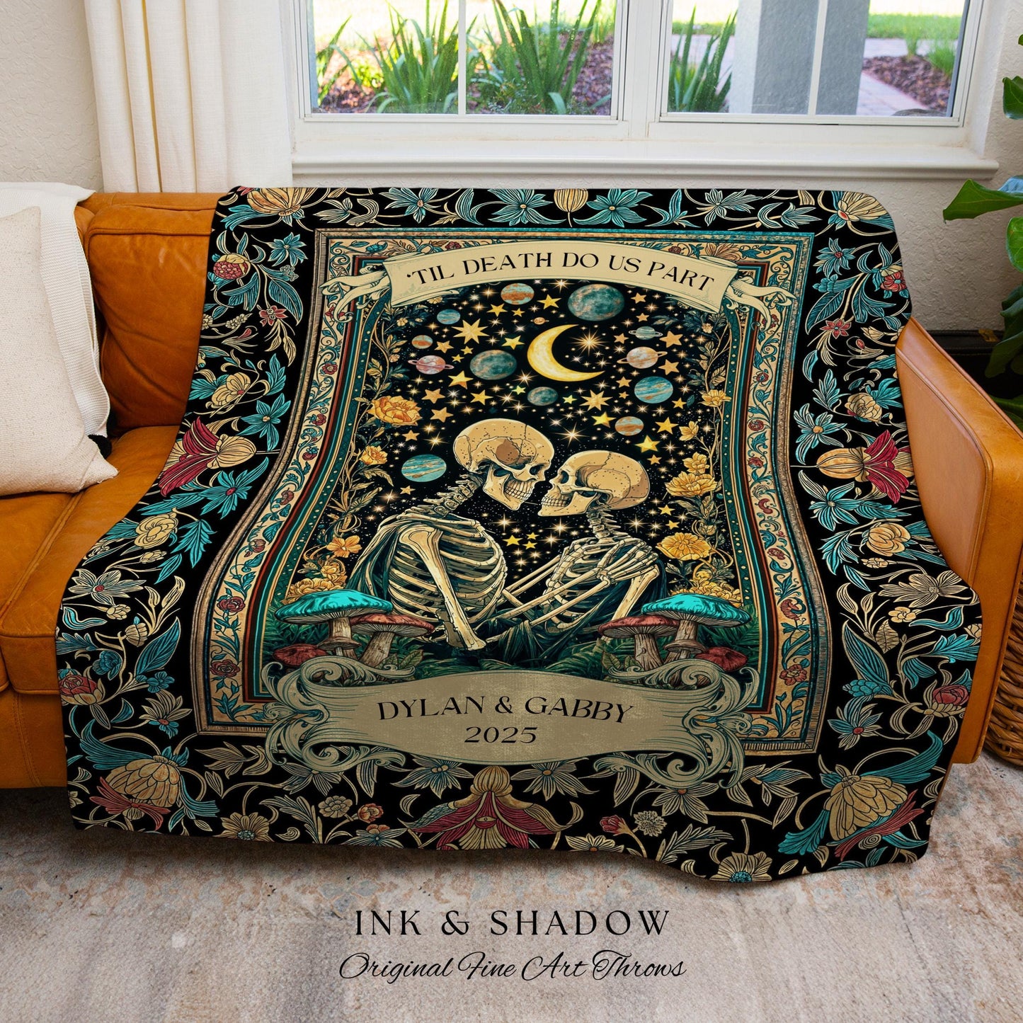 Cosmic Skeleton Lovers Custom Blanket | Gothic Elegance Celestial Anniversary Romance Dark Academia Celestial Personalized Couple Ethereal |