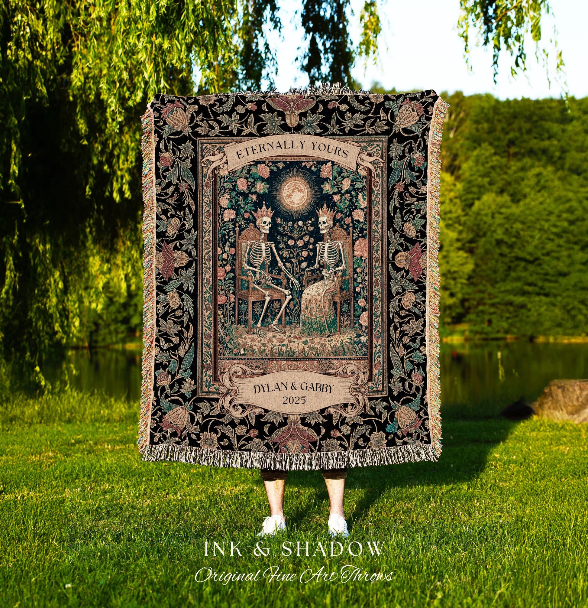 Mystic Lovers Skeleton Custom Throw | Baroque Anniversary Couple Gothic Magic Celestial Aesthetic Sunlit Throne Mystical Floral Blanket |