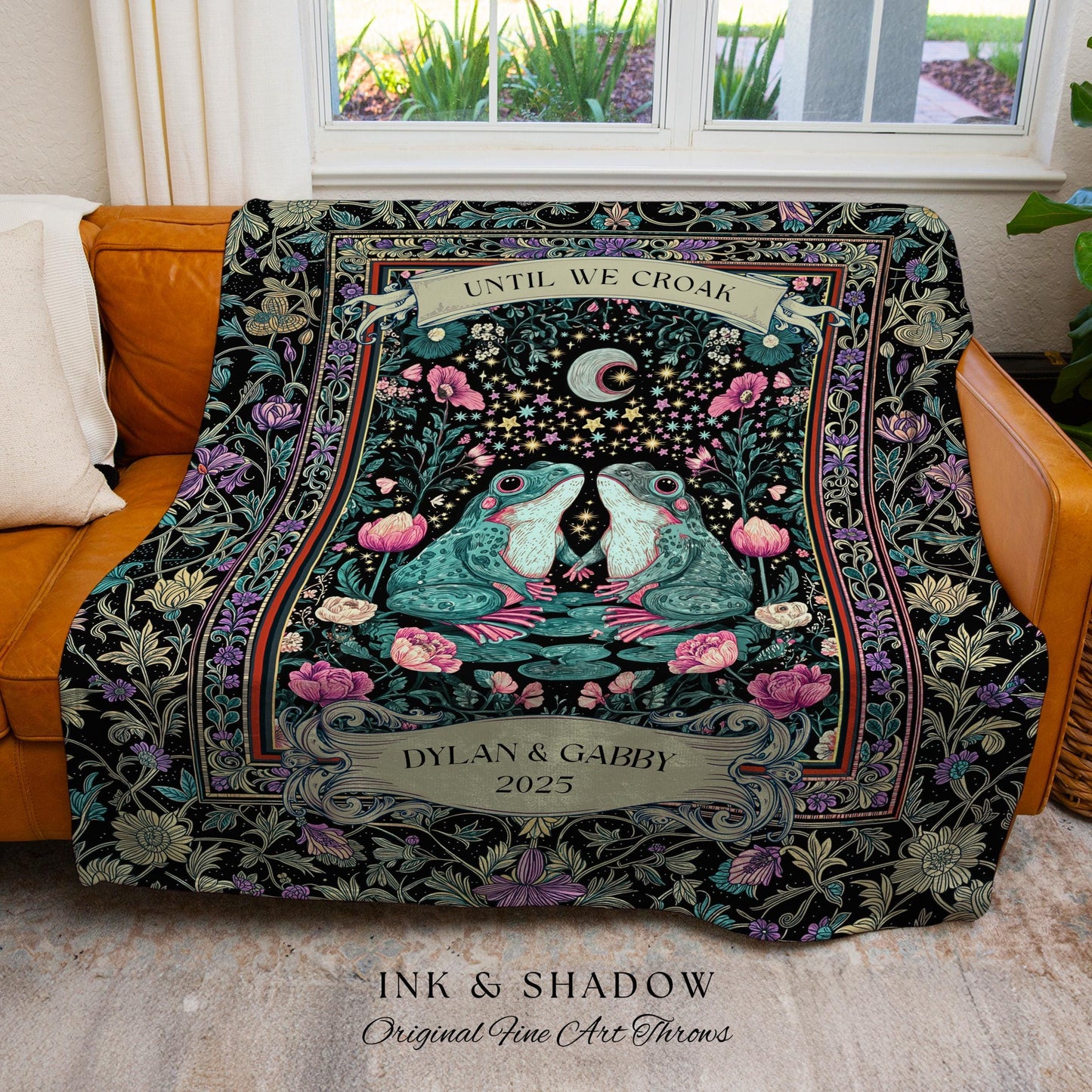Eclectic Floral Custom Frog Couple Throw | Forestcore Aesthetic Until we Croak Cute Cottagecore Woven Tapestry Whimsy Mystical Fairycore |