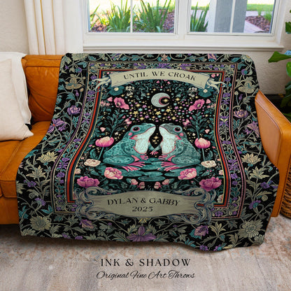 Eclectic Floral Custom Frog Couple Throw | Forestcore Aesthetic Until we Croak Cute Cottagecore Woven Tapestry Whimsy Mystical Fairycore |
