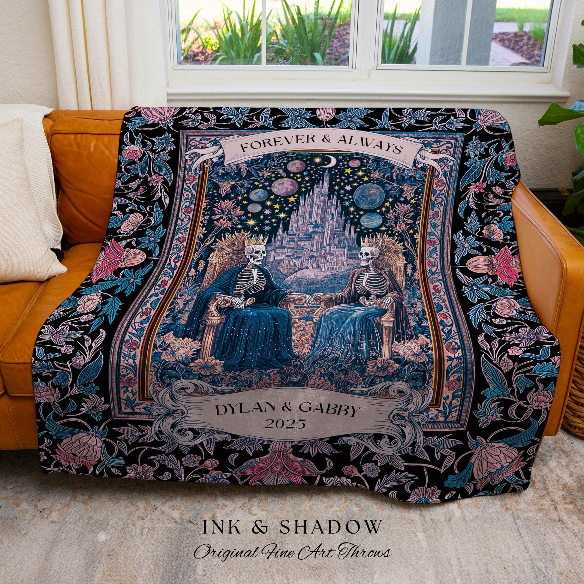 Celestial Skeleton Lovers Custom Throw | Dark Academia Castle Fantasy Whimsigothic Personalized Couple Fairytale Floral Magic Aesthetic Gift