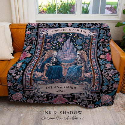 Celestial Skeleton Lovers Custom Throw | Dark Academia Castle Fantasy Whimsigothic Personalized Couple Fairytale Floral Magic Aesthetic Gift