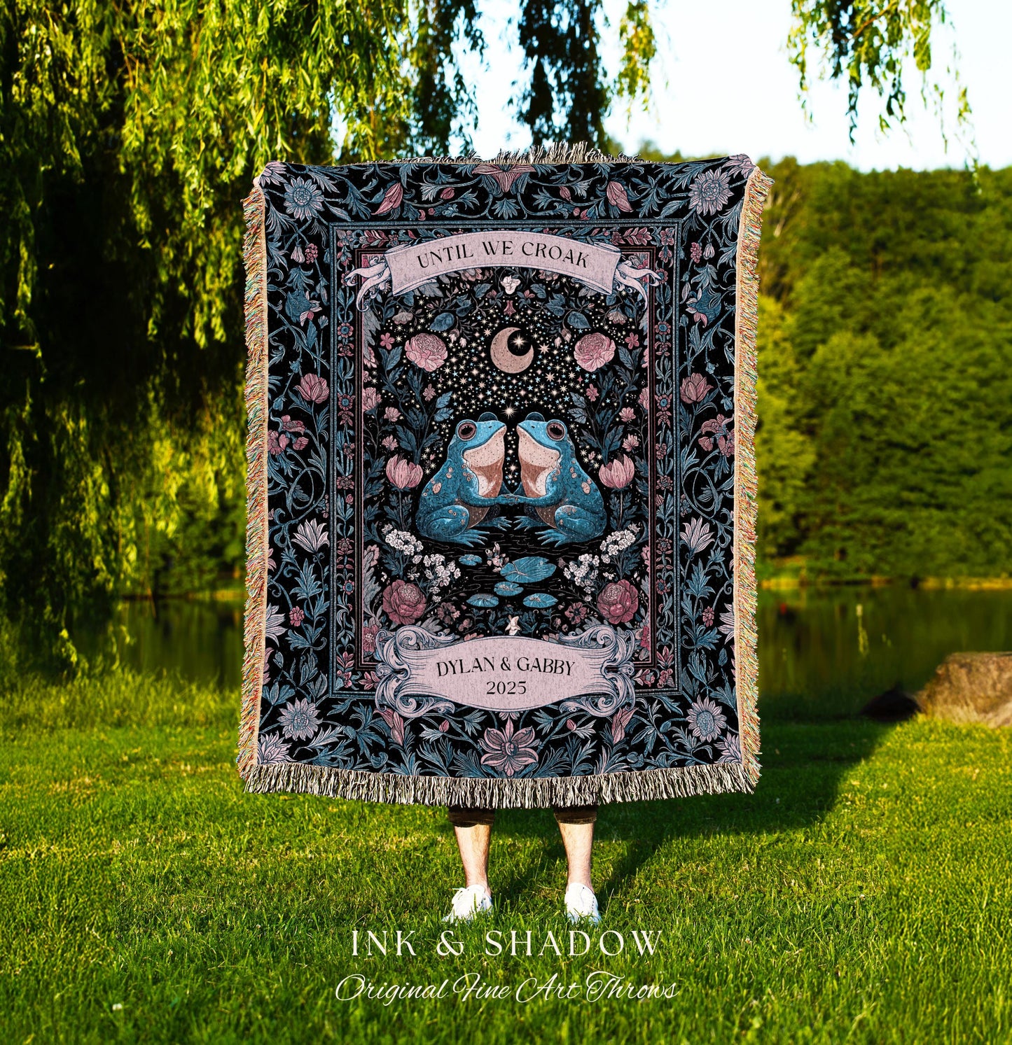 Bohemian Frog Lovers Custom Tapestry | Enchanted Woodland Forest Folklore Wedding Mystical Fairycore Until We Croak Personalized Couple Gift