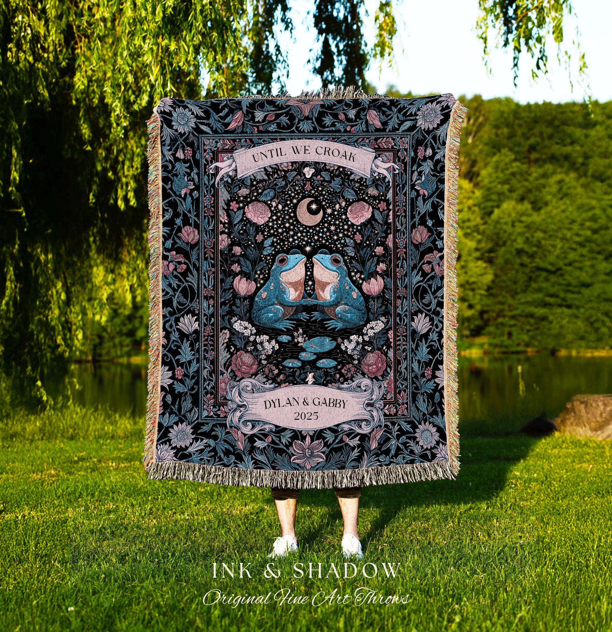 Bohemian Frog Lovers Custom Tapestry | Enchanted Woodland Forest Folklore Wedding Mystical Fairycore Until We Croak Personalized Couple Gift
