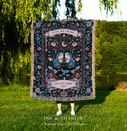 Bohemian Frog Lovers Custom Tapestry | Enchanted Woodland Forest Folklore Wedding Mystical Fairycore Until We Croak Personalized Couple Gift