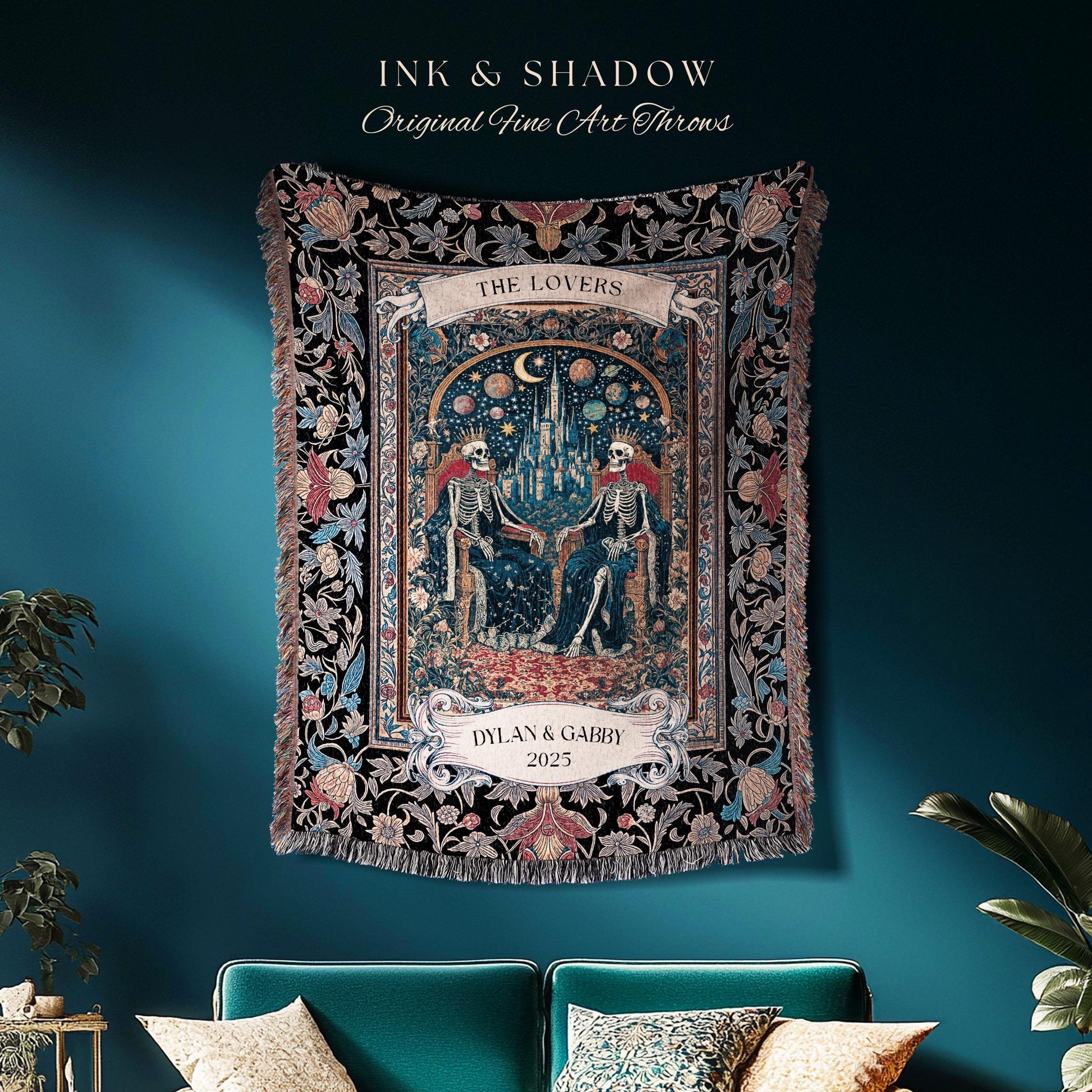 Gothic Personalized Royal Couple Throw Blanket | Dark Moody Colors Dark Academia Wedding Baroque Romance Anniversary Gift Celestial Royalty
