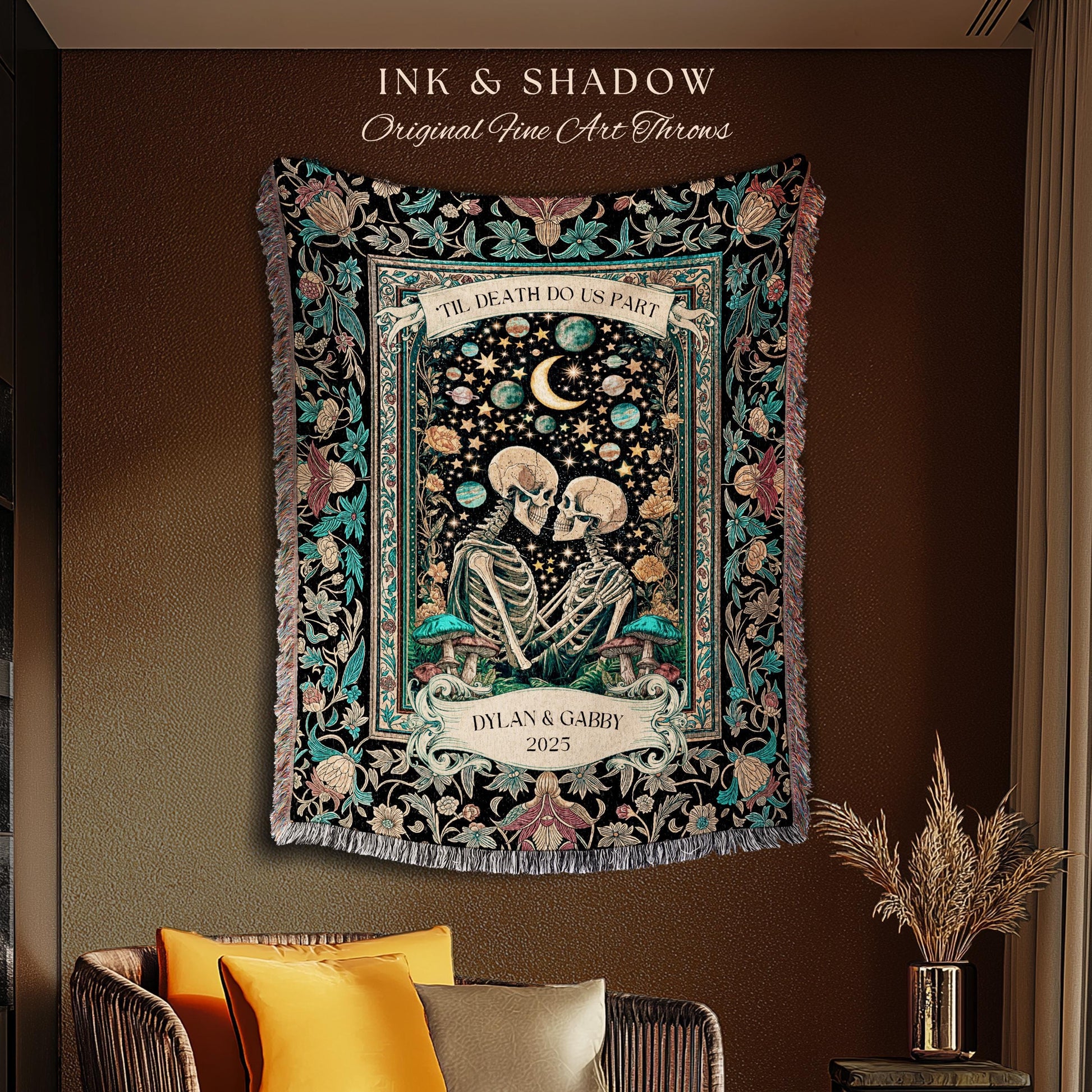Cosmic Skeleton Lovers Custom Blanket | Gothic Elegance Celestial Anniversary Romance Dark Academia Celestial Personalized Couple Ethereal |