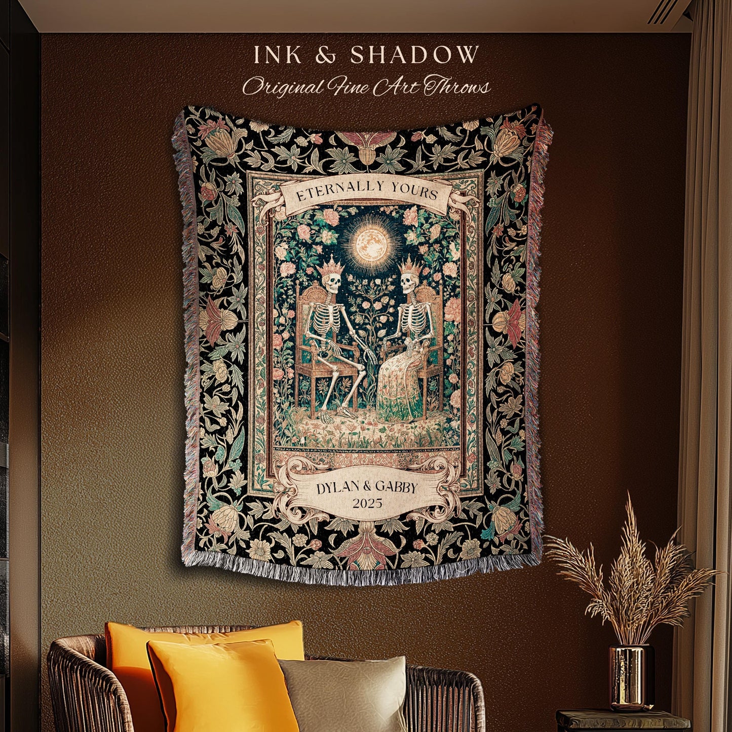 Mystic Lovers Skeleton Custom Throw | Baroque Anniversary Couple Gothic Magic Celestial Aesthetic Sunlit Throne Mystical Floral Blanket |