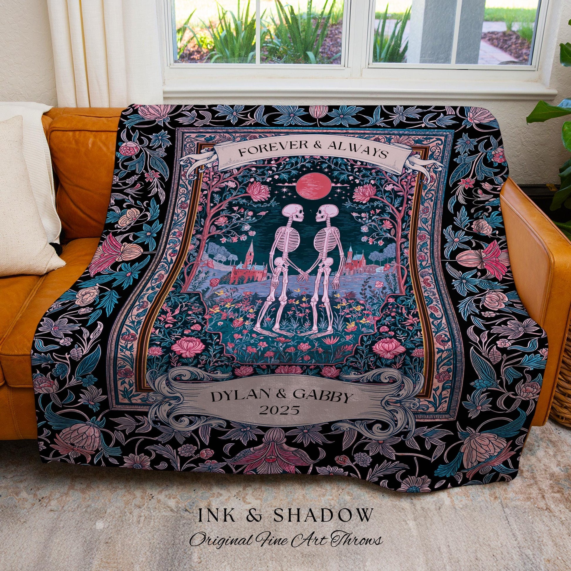 Rosy Royal Skeleton Garden Lovers Tapestry | Whimsigothic Spooky Season Anniversary Dark Academia Personalized Witchy Cottagecore Aesthetic
