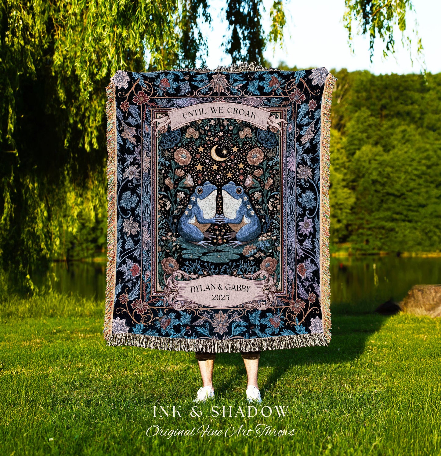 Dark Botanical Personalized Lovers Tapestry | Celestial Gift Frog Lovers Woven Throw Blanket Aesthetic Until we Croak Custom Cottagecore |