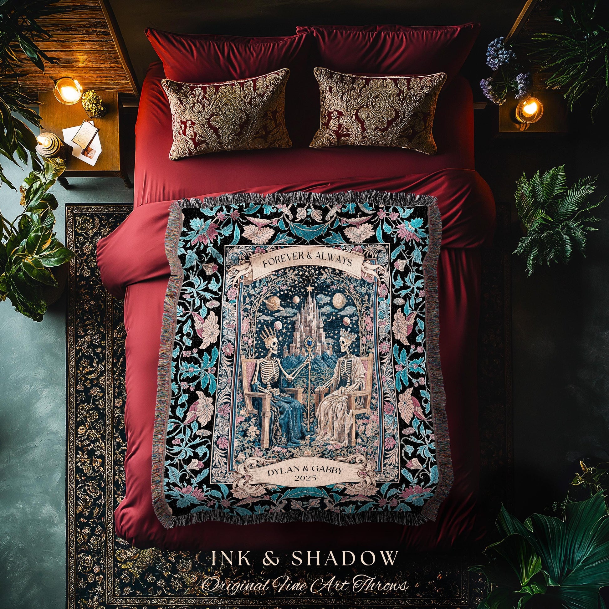 Celestial Couple Custom Skeleton Baroque Throw | Goth Regal Romance Castle King & Queen Whimsical Lovers Blanket Magic Mystical Personalized